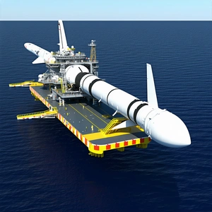 A Large White Space Shuttle Is Being Transported On A Barge In The Ocean