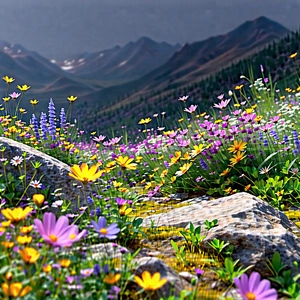 Nature Cinema 4d: Wildflowers In Rocky Terrain With Beautiful Mountain