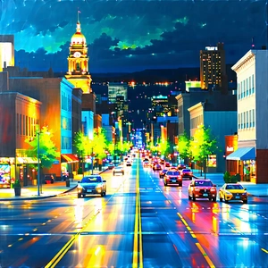 Urban Acrylic Painting: Cityscape of small town during rush hour