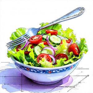Lifestyle Ink Drawing: Fresh Salad Prepared With Artistic Presentation With Large Bowl