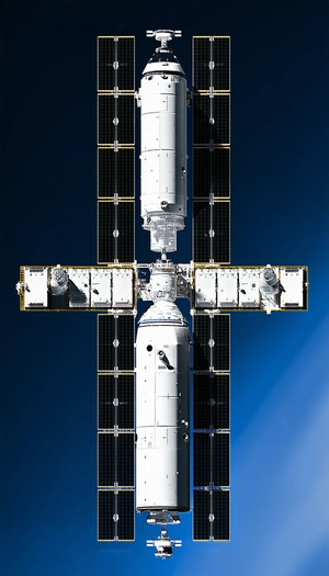 A Large Spacecraft Is Docked With Another Spacecraft, Creating A Cross Shape