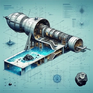 A Futuristic Space Station Is Depicted In A Blue And White Drawing