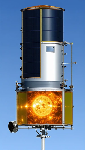 A Large, Silver Satellite Is Shown In A Blue Sky