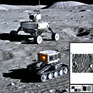 Two Robotic Vehicles On A Rocky Surface, Possibly A Moon Or A Planet
