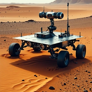 A Large Robotic Vehicle With A Flatbed On Top, Driving Across A Sandy Terrain