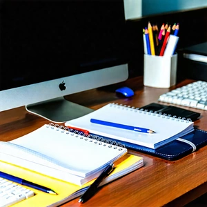 Business Hdr Photography: Workplace With Notebooks And Pens On Desk With Wooden Desk