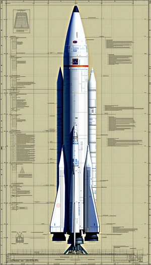 A Large Rocket Is Shown In A Drawing, With A Blue And White Color Scheme