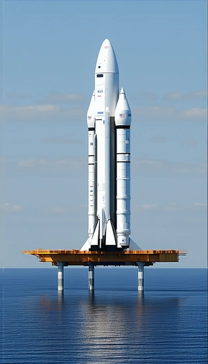 A Large White Space Shuttle, Which Appears To Be A Rocket, Sitting On Top Of A Platform