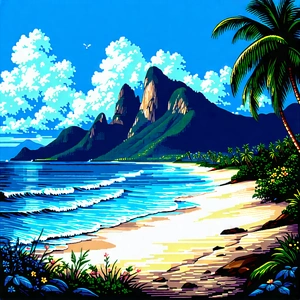 Nature Woodcut Print: Clear (sky:1.49) Over Tropical Beach With Painting Tropical
