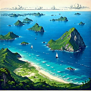 Nature Woodcut Print: Aerial View Of Coastal Islands With Painting Beautiful