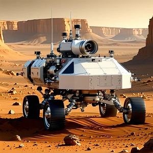 A Futuristic Vehicle, Possibly A Tank Or A Rover, Parked In A Desert-like Environment