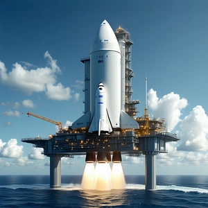 A Large White Space Shuttle, Possibly A Rocket, Sitting On Top Of A Platform In The Ocean