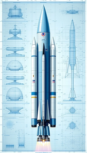 A Large Rocket Is Shown In A Blue And White Drawing