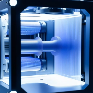 A Blue And White Machine Is Shown In A Close-up View