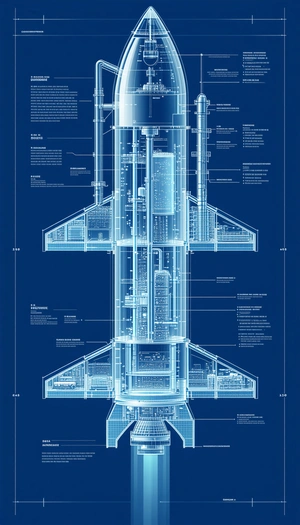 A Blue Diagram Of A Rocket Is Displayed, Showing The Various Components And Their Functions