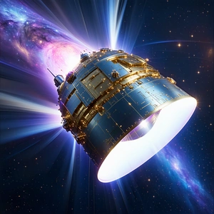 A Space Shuttle, Which Appears To Be A Large, Metallic Structure, Floating In The Air