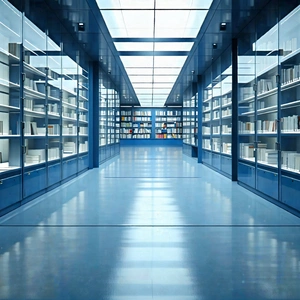 Tech Editorial Photography: Educational Technology In Research Center With Large Library