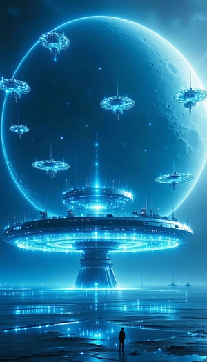 In This Image, There Is A Large, Futuristic Space Station With A Dome-shaped Structure