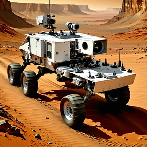 A White Robot Is Driving On A Dirt Road In A Desert