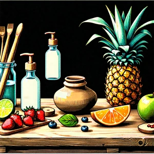 Lifestyle Woodcut Print: Wellness Scene With Healthy Food With Wooden Table