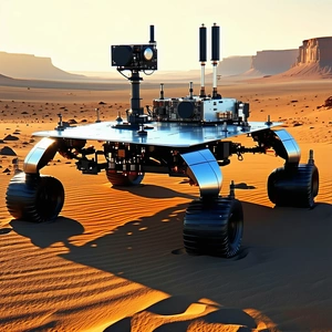 A Large Robotic Vehicle, Possibly A Tank, Sitting On A Sandy Surface