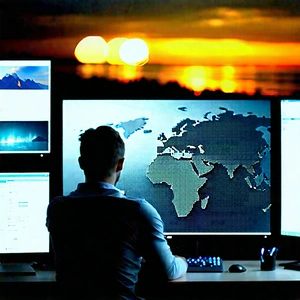 Business Aerial Photography: Tech professional using multiple monitors