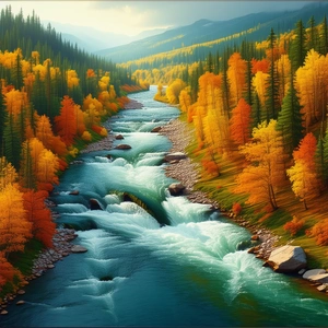 Nature Isometric Design: Rushing River Surrounded By Autumn (trees:1.32) With Beautiful Waterfall