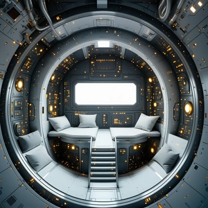 In This Futuristic Space, There Are Two Beds, One On The Left Side And The Other On The Right Side