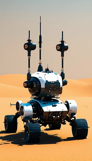 A Futuristic Robot Is Standing In A Desert, With Its Back Facing The Viewer