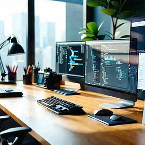 Business Digital Illustration: Workplace with digital devices on desk