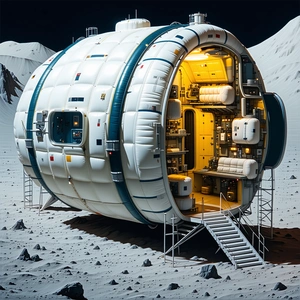 A Large, White, Cylindrical Spacecraft With A Blue Stripe On Its Side