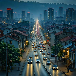 Urban Digital Art: Cityscape of small town during rush hour