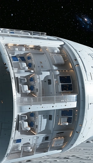 A Large White Spacecraft Is Shown From The Inside, With A Row Of Small Windows Lining The Walls
