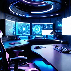 Tech Hdr Photography: (futuristic:1.4) (digital:1.23) Workspace With Futuristic Setting,