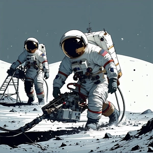 In The Image, There Are Two Astronauts Standing On A Snowy Surface, Possibly On The Moon