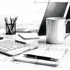 Business Pencil Sketch: Workplace With Digital Devices On Desk With White Desk