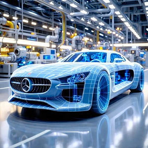 Tech Diagram Style: Automotive Technology In Manufacturing Facility With Blue Mercedes