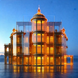 Urban Infographic Style: Historic Building With Reflective Glass With Large, Ornate