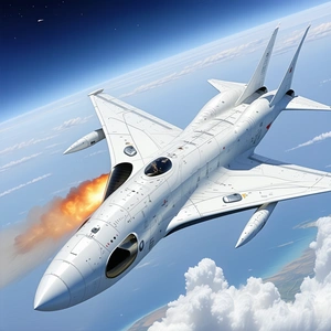 A White Fighter Jet Is Flying Through The Sky, With A Trail Of Smoke Behind It