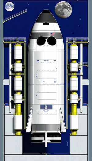 A Large White Space Shuttle Is Docked Inside A Large White Building
