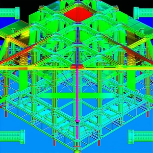 The Image Is A 3d Model Of A Building, Possibly A Bridge, With A Green And Red Color Scheme