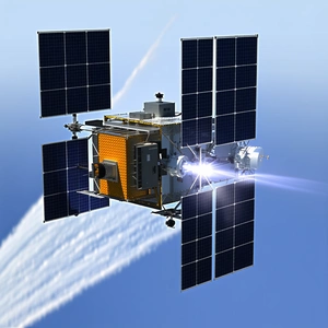 A Spacecraft Is Shown In A Blue Sky, With A Bright Light Coming From The Bottom Of The Spacecraft