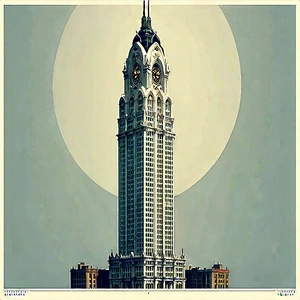 Urban Lithograph: Skyscraper With Ornate Details With Large, Tall