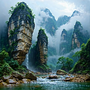 Nature Acrylic Painting: Rock Formation In Rainy Season With Beautiful Landscape