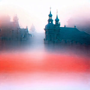 Urban Watercolor Painting: Cityscape Of Historic City Center During Foggy Morning With Black White
