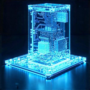 Quantum Computer With Blue Light Glow With Blue White