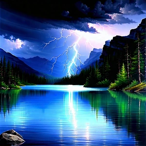 Nature Oil Painting: Lightning Over Alpine Lake With Beautiful Scene