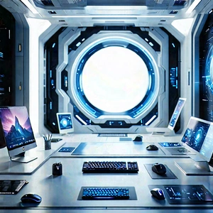 (futuristic:1.45) (digital:1.33) Workspace With Futuristic Setting