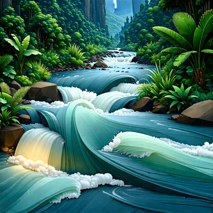 Nature Infographic Style: Rushing River Surrounded By Lush Vegetation With Beautiful Waterfall