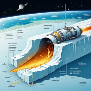 The Image Is A Poster Featuring A Space Shuttle Traveling Through A Tunnel In The Side Of A Glacier